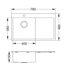 Technický nákres drezu s rozmermi 780 x 480 x 190 mm