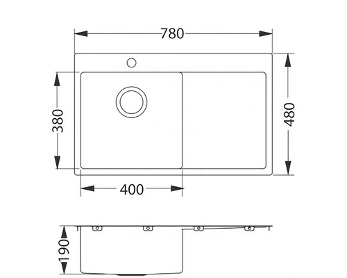 Technický nákres drezu s rozmermi 780 x 480 x 190 mm