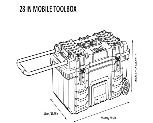 Mobilná bedňa na náradie s rozmermi 72,4 cm x 35 cm x 31,6 cm