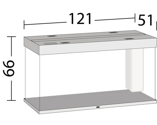 Obrázok akvária s rozmermi 121 x 51 x 66 centimetrov.