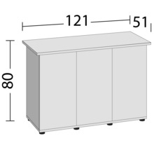 Skriňa s tromi dvierkami a rozmermi: výška 80 cm, šírka 121 cm a hĺbka 51 cm.