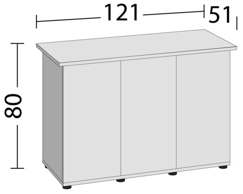 Skriňa s tromi dvierkami a rozmermi: výška 80 cm, šírka 121 cm a hĺbka 51 cm.