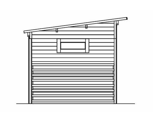 Ilustrácia záhradného domčeka s pultovou strechou a oknom