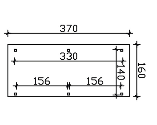 Technický nákres s rozmermi: dĺžka 370 mm, šírka 160 mm, rozstup otvorov 330 mm, rozstup otvorov 156 mm, rozstup otvorov 140 mm