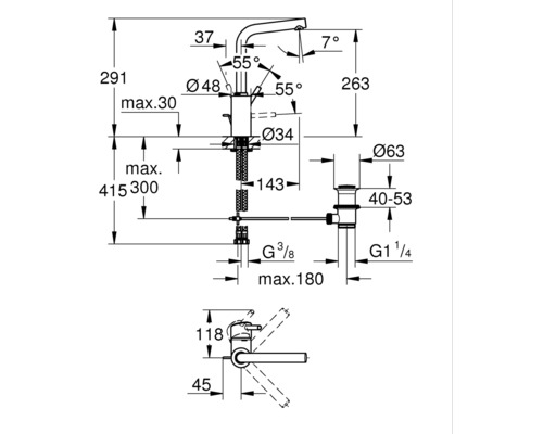 Technický nákres vodovodnej batérie s rozmermi