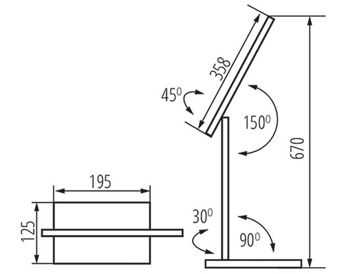 Technický výkres produktu s rozmermi v milimetroch a uhlami v stupňoch