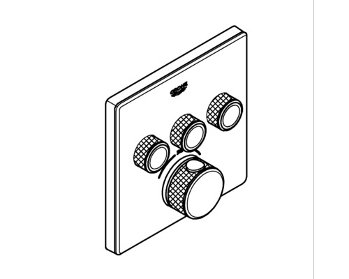 Logo Grohe na podomietkovej termostatickej batérii so štyrmi otočnými gombíkmi