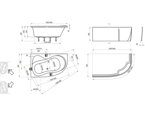 Technický nákres vane s rozmermi