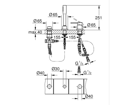 Technický nákres kúpeľňovej batérie s rozmermi