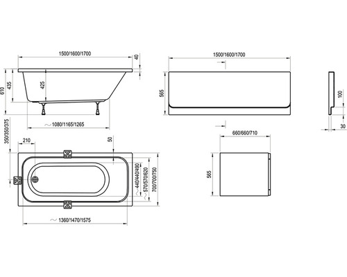 Technický nákres vane s rozmermi.