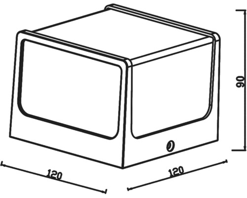 Technický nákres nástennej lampy s rozmermi 120 x 120 x 90 milimetrov