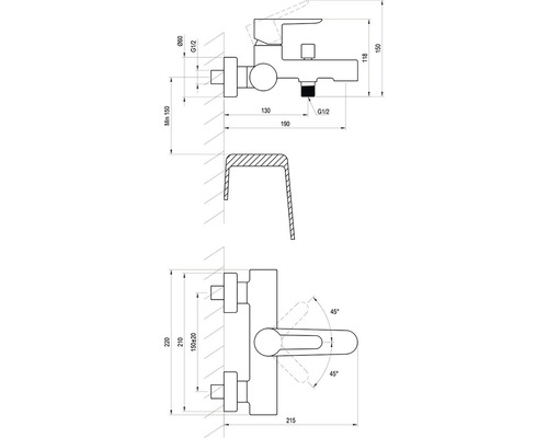 Technický nákres vodovodnej batérie s rozmermi