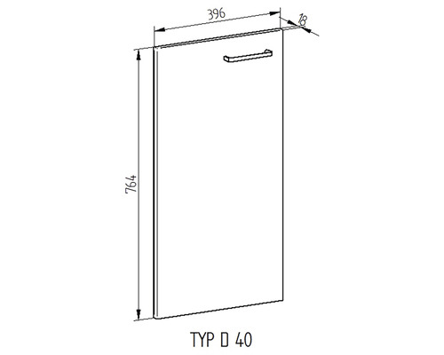 Výkres dverí skrinky s rukoväťou a rozmermi.