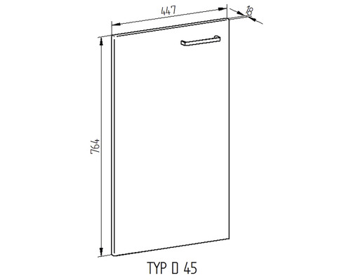 Technický nákres dverí skrine s úchytkou a rozmermi