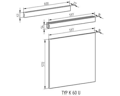 Technický výkres kuchynského skrinkového prvku typ K 60 U s rozmermi