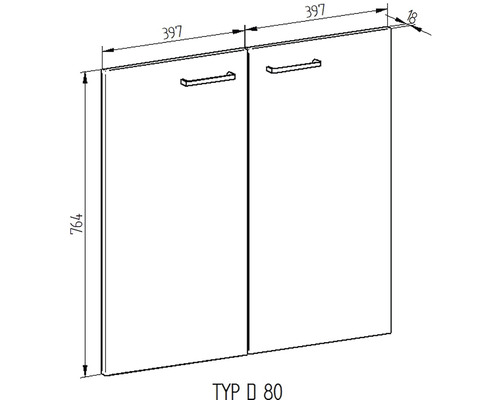 Technický nákres spodnej skrinky typu 80 s dvomi dvierkami a madlami s rozmermi.
