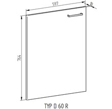 Technický nákres dvierok skrinky s úchytkou, šírka 597 mm, výška 764 mm, model D 60 R