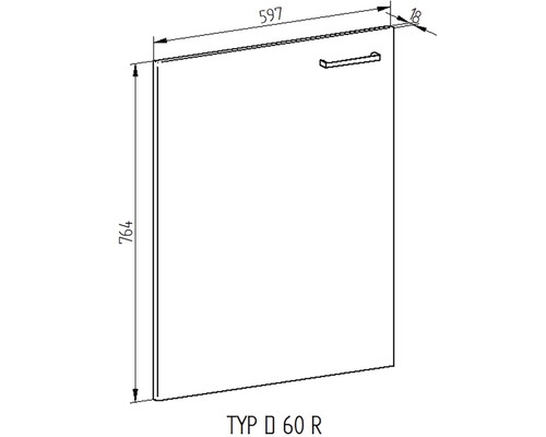 Technický nákres dvierok skrinky s úchytkou, šírka 597 mm, výška 764 mm, model D 60 R