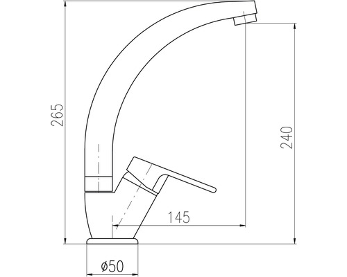 Technický nákres kuchynskej batérie s rozmermi