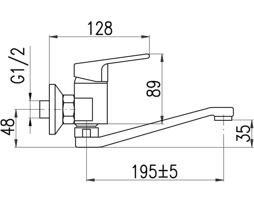 Technický nákres vodovodnej batérie s rozmermi