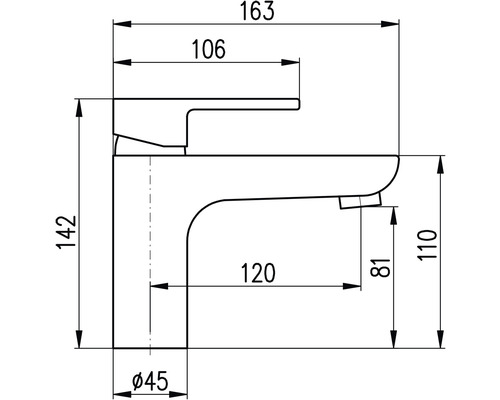Technický nákres vodovodnej batérie s rozmermi