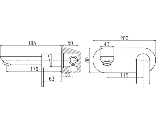 Technický nákres nástennej batérie s rozmermi