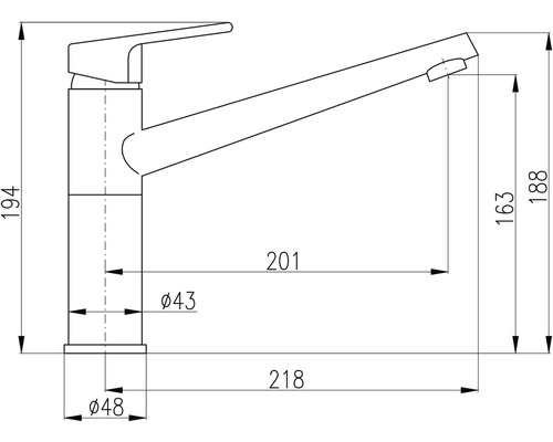 Technický nákres kuchynskej batérie s rozmermi.