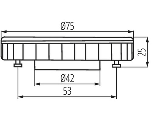 Technický výkres produktu s rozmermi priemer 75 milimetrov, výška 25 milimetrov a šírka 53 milimetrov