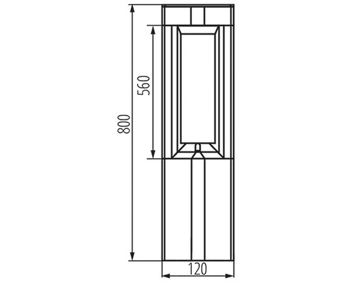 Technický nákres vonkajšieho svietidla s rozmermi: výška 800 mm, výška hlavy lampy 560 mm, šírka 120 mm.