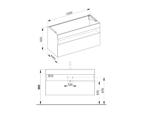 Technický nákres skrinky pod umývadlo s rozmermi