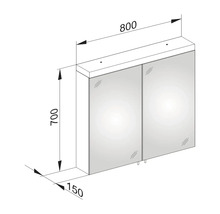 Technický nákres zrkadlovej skrinky s rozmermi 800 x 700 x 150 mm