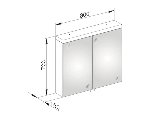 Technický nákres zrkadlovej skrinky s rozmermi 800 x 700 x 150 mm
