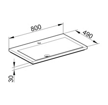 Technický nákres umývadla s rozmermi 800 x 490 x 30 mm