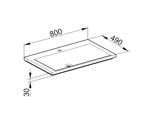 Technický nákres umývadla s rozmermi 800 x 490 x 30 mm
