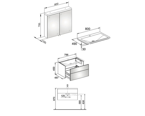 Technický nákres umývadlovej súpravy s umývadlovou skrinkou, umývadlom na dosku a zrkadlovou skrinkou s rozmermi.