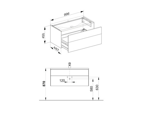 Nákres skrinky pod umývadlo s rozmermi.