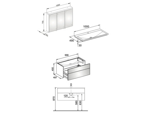 Technický nákres skrinky pod umývadlo s umývadlom a zrkadlovej skrinky s rozmermi