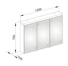 Technický nákres zrkadlovej skrinky s rozmermi 1300 x 700 x 150 mm.