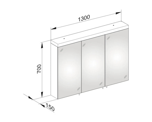 Technický nákres zrkadlovej skrinky s rozmermi 1300 x 700 x 150 mm.