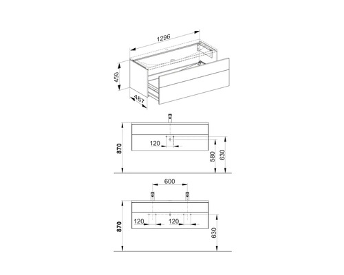 Technický nákres skrinky pod umývadlo s rozmermi