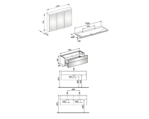 Technický nákres kúpeľňovej nábytkovej zostavy s umývadlovou skrinkou, umývadlom a zrkadlovou skrinkou s rozmermi