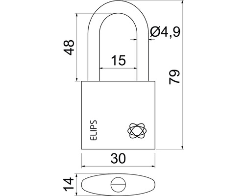 Technický nákres visiaceho zámku s rozmermi