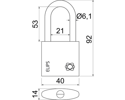 Technický nákres visiaceho zámku s rozmermi