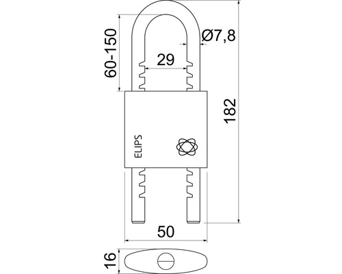 Technický nákres visiaceho zámku s rozmermi
