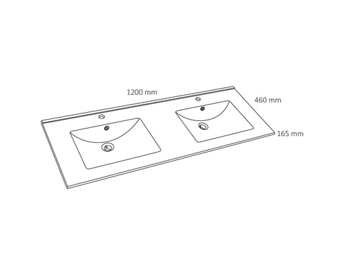Doska s dvojitým umývadlom s rozmermi 1200 mm x 460 mm x 165 mm.