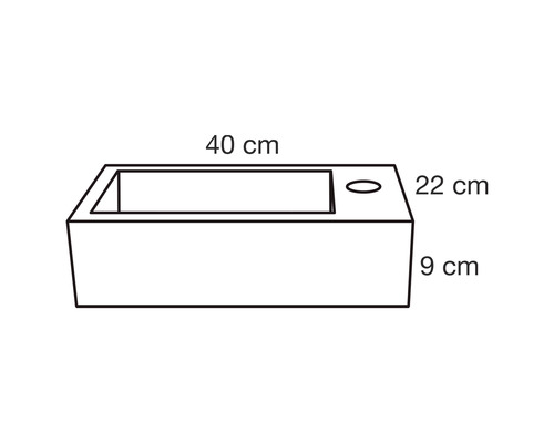Nákres umývadla s rozmermi 40 cm šírka, 22 cm hĺbka a 9 cm výška