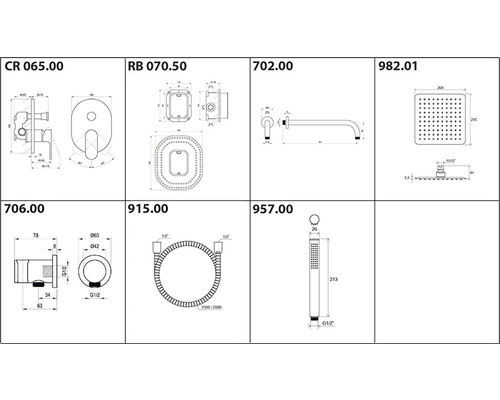 Technické výkresy kúpeľňových armatúr s rozmermi