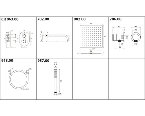 Technický nákres kúpeľňových armatúr s rozmermi