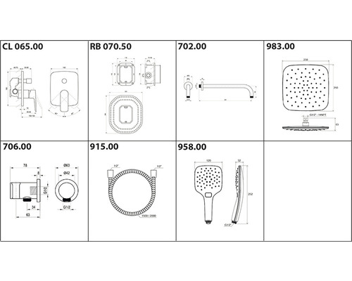 Technické výkresy rôznych sanitárnych produktov s rozmermi
