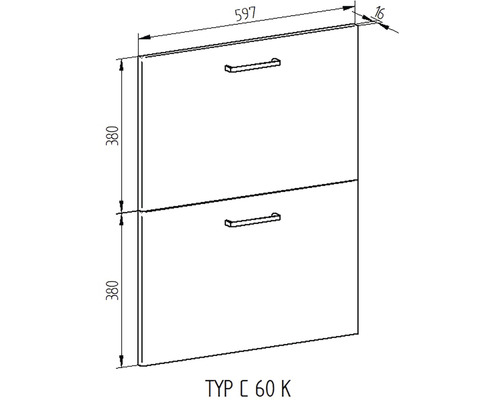Technický nákres spodnej skrinky s dvomi zásuvkami, vrátane rozmerov